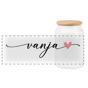 Vanja Name Calligraphy Font - Panoramic Cookie Jar with Wooden Lid - white - Front