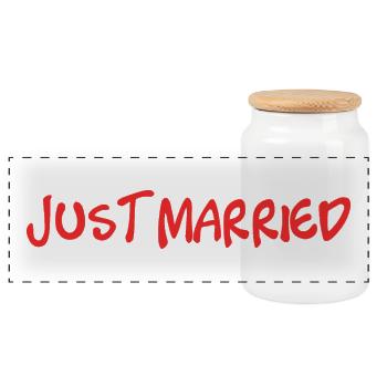 I LOVE YOU. JUST MARRIED. Bachelorette party. VALENTINE'S DAY - Panoramic Cookie Jar with Wooden Lid - white - Front