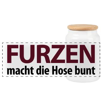 Furzen macht die Hose bunt. Kacke Scheiße Malheur - Panorama Keksdose mit Holzdeckel - Weiß - Vorne
