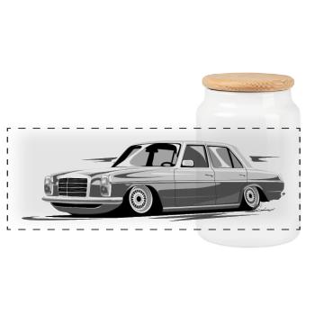 Retro Benz W115, Strichacht - Panorama Keksdose mit Holzdeckel - Weiß - Vorne