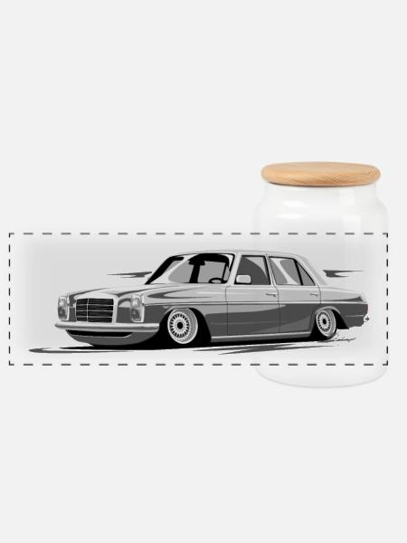 Retro Benz W115, Strichacht - Panorama Keksdose mit Holzdeckel - Weiß