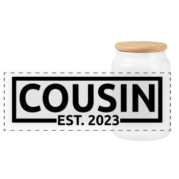 Cousin Est. 2023, bald Cousin Schwangerschaftsgeschenk - Panorama Keksdose mit Holzdeckel - Weiß - Vorne