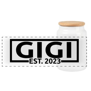 Gigi Est. 2023, Oma zu sein, Schwangerschaft enthüllen - Panorama Keksdose mit Holzdeckel - Weiß - Vorne