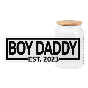 Boy Daddy Est. 2023 Baby Shower Pregnancy Reveal - Panoramic Cookie Jar with Wooden Lid - white - Front