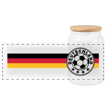 Fußballlogo auf Deutschandfahne - Panorama Keksdose mit Holzdeckel - Weiß - Vorne