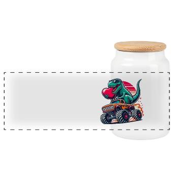 Valentine's Day Dino Monster Truck Heart In Love Love - Panoramic Cookie Jar with Wooden Lid - white - Front