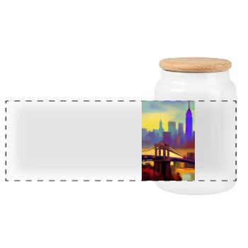 New York City Skyline - Panoramic Cookie Jar with Wooden Lid - white - Front