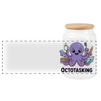 Octotasking Creature in Multitask Mode - Panoramic Cookie Jar with Wooden Lid - white - Front
