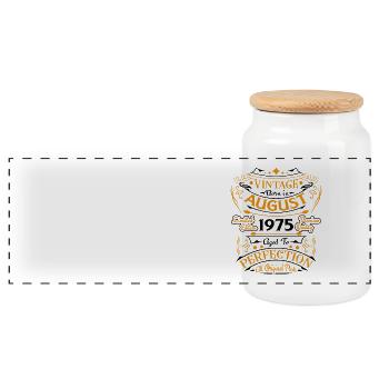 Vintage August 1975 Retro Birthday Gift - Panoramic Cookie Jar with Wooden Lid - white - Front