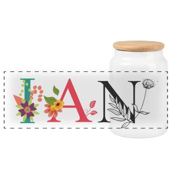 IAN Namenskunst mit gestickten Blumen - Panorama Keksdose mit Holzdeckel - Weiß - Vorne