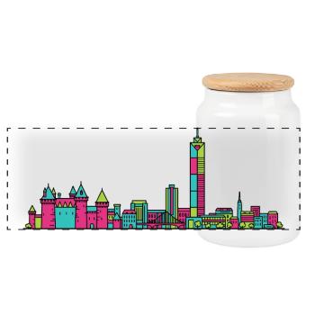 Nantes City Skyline Castle Modern Line Art - Panoramic Cookie Jar with Wooden Lid - white - Front