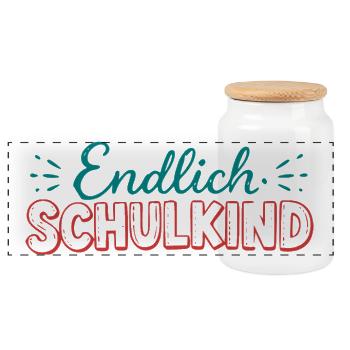 Endlich Schulkind Schulstart - Panorama Keksdose mit Holzdeckel - Weiß - Vorne
