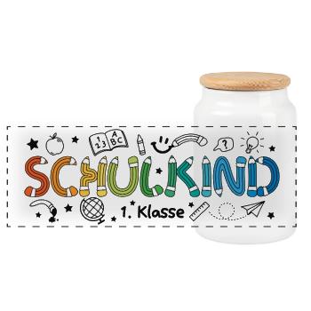 Schulkind 2026 Doodle Einschulung Schulanfang - Panorama Keksdose mit Holzdeckel - Weiß - Vorne