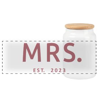 Mrs. Est. 2023 Engagement Bridal Shower Wedding - Panoramic Cookie Jar with Wooden Lid - white - Front