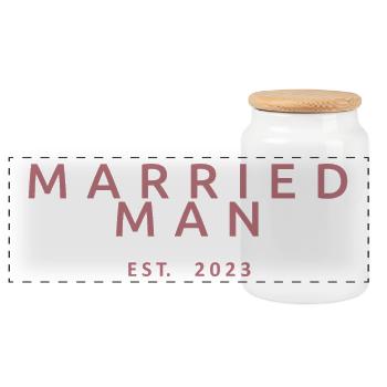 Married Man Est. 2023 Matching Wedding Honeymoon - Panoramic Cookie Jar with Wooden Lid - white - Front