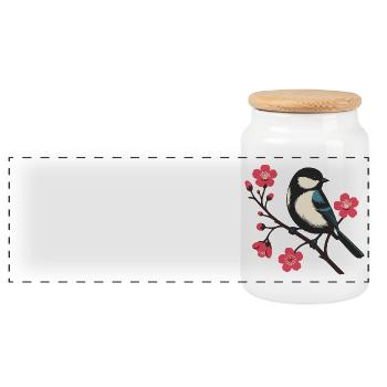 Kirschblüte mit Vogel - Frühlingsruhe Naturmotiv - Panorama Keksdose mit Holzdeckel - Weiß - Vorne