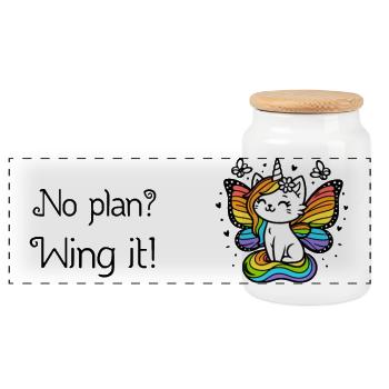 No plan? Wing it! Geflügelte Einhornkatze (bunt) - Panorama Keksdose mit Holzdeckel - Weiß - Vorne