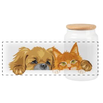 Pekingese dog and Ginger Maine Coon cat - Panoramic Cookie Jar with Wooden Lid - white - Front