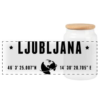 Ljubljana GPS-Koordinaten Globe Moderne Typografie - Panorama Keksdose mit Holzdeckel - Weiß - Vorne