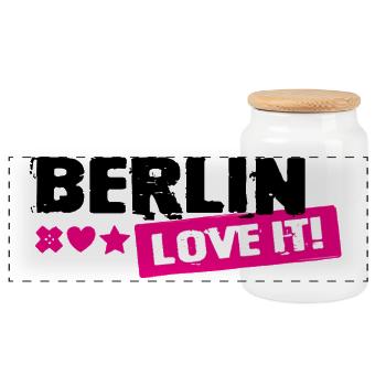 Berlin Love It Pink Stamp - Panorama Keksdose mit Holzdeckel - Weiß - Vorne