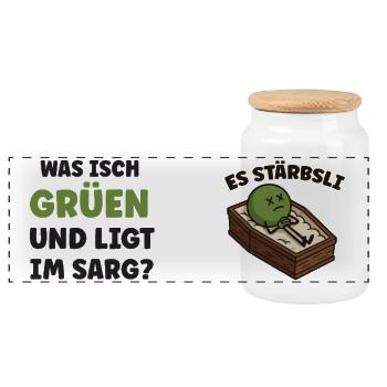 Flachwitz Stärbsli: Was isch grüen und ligt im... - Panorama Keksdose mit Holzdeckel - Weiß - Vorne