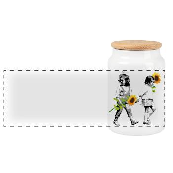 Flower Children | two little girls with sunflowers - Panoramic Cookie Jar with Wooden Lid - white - Front