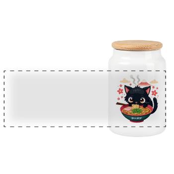 Cute Japanese Cat Eating Ramen Noodle Dish - Panoramic Cookie Jar with Wooden Lid - white - Front
