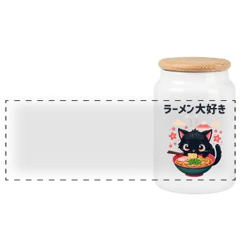 Cute Japanese Cat Eating Ramen Noodle Dish - Panoramic Cookie Jar with Wooden Lid - white - Front