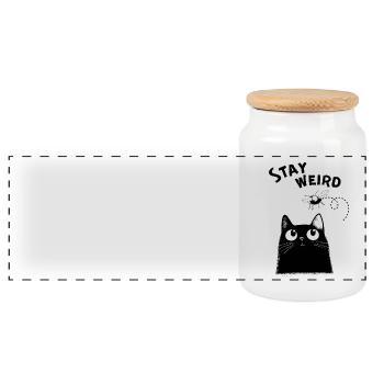 Stay Weird – Lustige schwarze Katze - Panorama Keksdose mit Holzdeckel - Weiß - Vorne