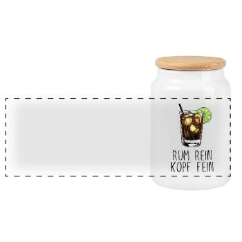 Rum rein Kopf fein - Saufspruch Longdrink und Lime - Panorama Keksdose mit Holzdeckel - Weiß - Vorne