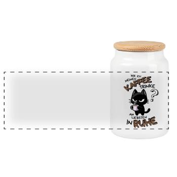 Kaffee und Ruhe – schwarze Katze am Limit - Panorama Keksdose mit Holzdeckel - Weiß - Vorne