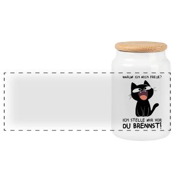 Ich stelle mir vor du brennst - Schwarze Katze - Panorama Keksdose mit Holzdeckel - Weiß - Vorne