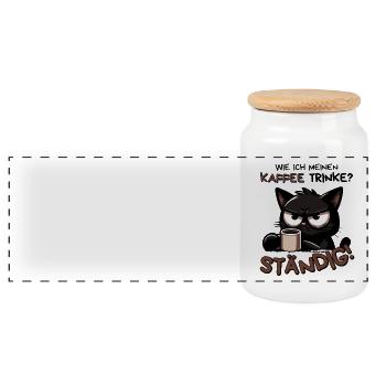 Kaffee. Ständig. Schwarze Katze mit Koffeinblick - Panorama Keksdose mit Holzdeckel - Weiß - Vorne