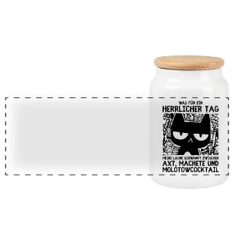Minimalistische schwarze Katze mit Blick des Todes - Panorama Keksdose mit Holzdeckel - Weiß - Vorne