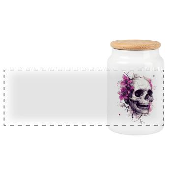Skull with Pink Flowers & Splashes of Color - Panoramic Cookie Jar with Wooden Lid - white - Front