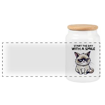 Start the Day with a Smile - Lustige Grumpy Katze - Panorama Keksdose mit Holzdeckel - Weiß - Vorne