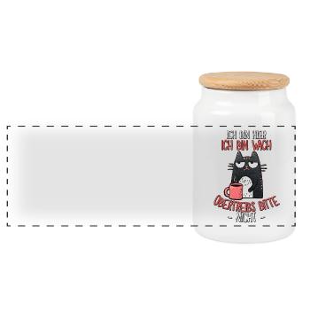 Morgenmuffel Katze Spruch – Ich bin wach! - Panorama Keksdose mit Holzdeckel - Weiß - Vorne