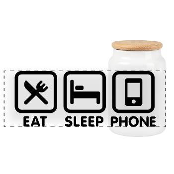 Eat Sleep Phone - Panoramic Cookie Jar with Wooden Lid - white - Front