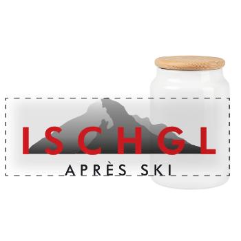 Ischgl Apres Ski Wintersport Design - Panorama Keksdose mit Holzdeckel - Weiß - Vorne