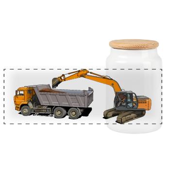 Excavator loads trucks - Panoramic Cookie Jar with Wooden Lid - white - Front
