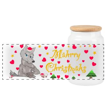 Kultiger Wolf Weihnachten, MÄHrry Christmähs Stern - Panorama Keksdose mit Holzdeckel - Weiß - Vorne