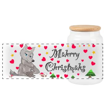 Kultiger Wolf Weihnachten, MÄHrry Christmähs Herz - Panorama Keksdose mit Holzdeckel - Weiß - Vorne