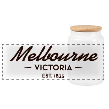 Melbourne Victoria Est. 1835 - Panorama Keksdose mit Holzdeckel - Weiß - Vorne