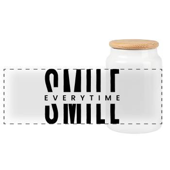 Jedes Mal lächeln – Minimale positive Typografie - Panorama Keksdose mit Holzdeckel - Weiß - Vorne