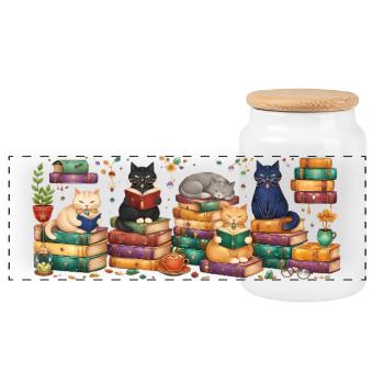 Lesende Katzen mit Bücherstapeln - Panorama Keksdose mit Holzdeckel - Weiß - Vorne