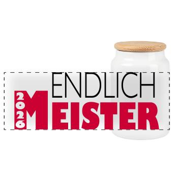 Endlich Meister 2026 - Panorama Keksdose mit Holzdeckel - Weiß - Vorne