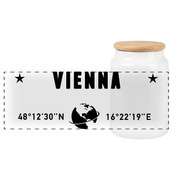 Vienna Austria Coordinates Planet Earth - Panoramic Cookie Jar with Wooden Lid - white - Front