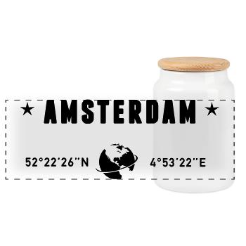 Amsterdam Netherlands Coordinates Gps Globe - Panoramic Cookie Jar with Wooden Lid - white - Front