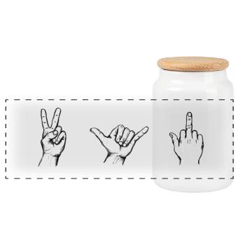 Handzeichen Victory Shaka (weiß)– Illustration - Panorama Keksdose mit Holzdeckel - Weiß - Vorne