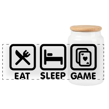 Eat - Sleep - Game \ Poker-Spiel - Panorama Keksdose mit Holzdeckel - Weiß - Vorne